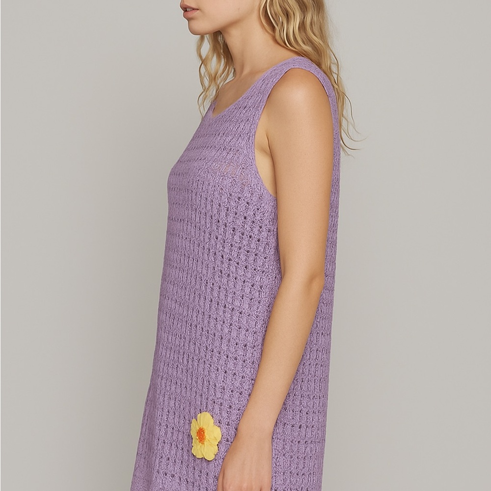 NWOT POL Lavender Crochet Mini Dress with 3D Flower – Size Small - Picture 2 of 7